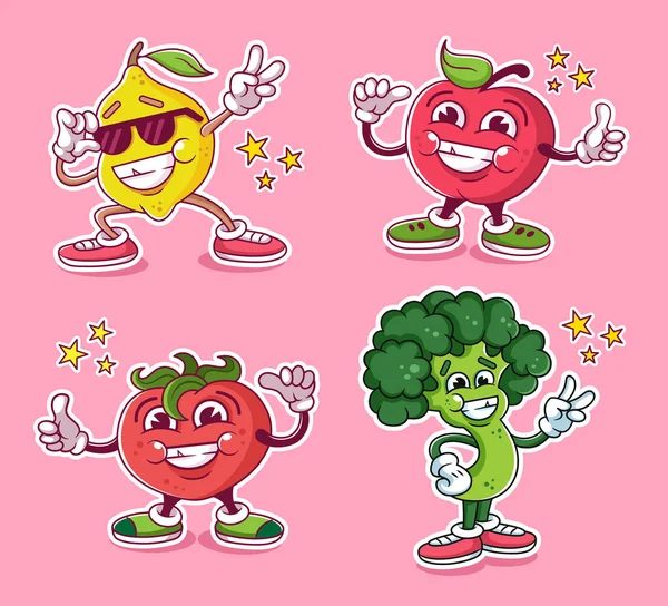 Fruits Cartoon Characters Vegetables Cartoon Characters Vector Illustrations Stickers Stylized — Stock Vector
