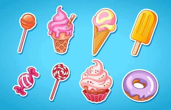 Sweets Stickers Candies Cakes Ice Cream Illustrations Vector Stickers Collection — Stock Vector