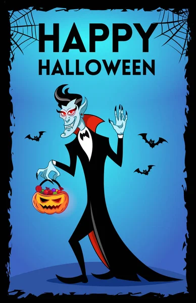 Carte Vœux Halloween Dracula Vampire Dessin Animé Souriant Tient Panier — Image vectorielle