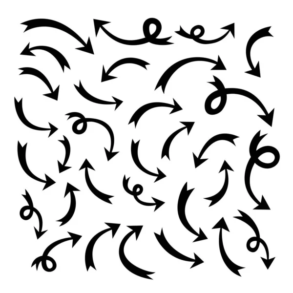 尖锐弯曲的箭头集合 矢量手绘并勾画出带有卷曲的箭头 指向不同的方向 — 图库矢量图片