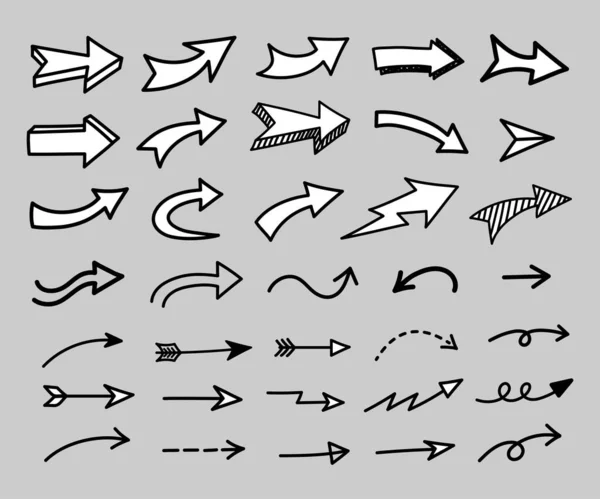 Doodle Pfeile Symbole Vektorsatz Handgezeichnete Pfeile Illustrieren Isoliert Auf Grauem — Stockvektor