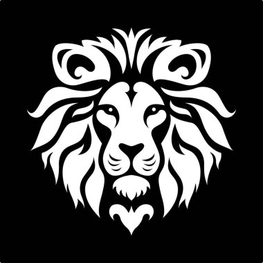 Aslan suratlı. Biçimlendirilmiş gri tonlu vektör çizimi siyah arkaplanda izole edildi. Zodiac 'ın sembolü. Aslan başlı düz çizim