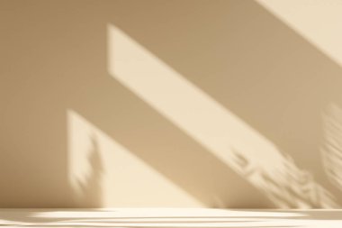 Ürün sunumu için soyut açık bej renkli stüdyo arkaplanı. Boş oda, pencerenin duvarında bir ışık var. Bulanık arkaplan ile ürünü göster.