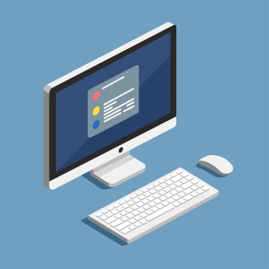 Masaüstü PC izometrik çizimi. Vektör grafik. Elektronik cihaz. Çalışan ekran ve işletim sistemi simgelerine sahip masaüstü kişisel bilgisayarı