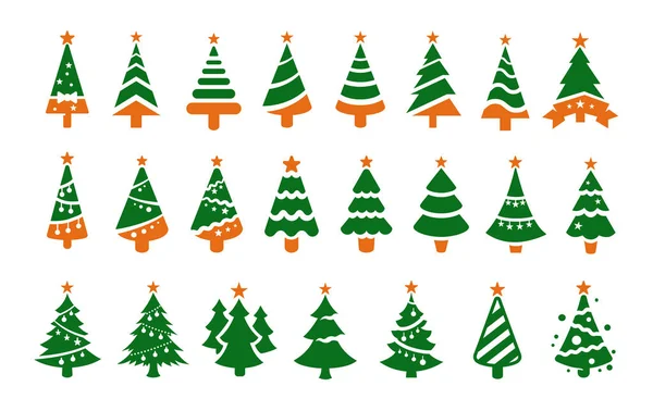 クリスマスツリーフラットアイコンセット ブラッククリスマスツリー 緑色ベクター オレンジ色の星とシルエット — ストックベクタ