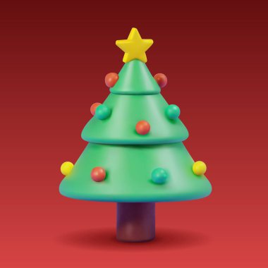 Çizgi film oyuncağı tarzında Noel ağacı 3D ikonu. Vektör. Konik şekilli Noel ağacının minimalist stilize edilmiş üç boyutlu çizimi. Kırmızı arkaplanda tatil dekorasyonu izole edildi.