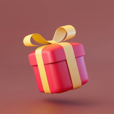 Kırmızı hediye kutusu 3D karikatür simgesi. Plastik şeklinde. Noel hediye kutusunun minimalist modern 3D çizimi. Biçimlendirilmiş tatil dekorasyonu.
