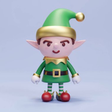 Noel Elf 3D ikonu. Çizgi film, oyuncak tarzı. 3D illüstrasyon canlandırıcı. Çizgi film karakteri elf oyuncağı. Santa 3D klip sanatı izole edildi. Yeni yıl ve Noel tatili için klip sanatı.