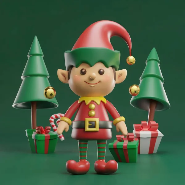 Christmas elf 3d icon. Cartoon, toy style. 3d illustration render. Cartoon character elf toy. Santa 3d clip art isolated. Clip art for New Year and Christmas holidays.