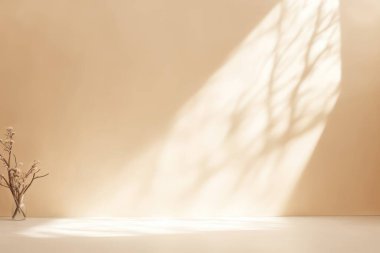 Açık bej renkli stüdyo arka planı ve duvardaki ağaç dallarının bulanık gölgesi. Ürün sunumları için minimalist soyut stüdyo arkaplanı.