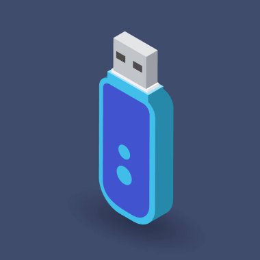 USB flaş bellek. Isometry. Vektör izometrik çizim. Flaş bellek. Dikey konumdaki USB harici sürücüsü koyu katı arkaplanda izole edildi.