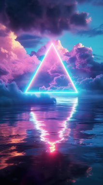 Suyun üstündeki bulutlarda parlayan neon üçgen. Fotorealistik sanat. Parlak doymuş renkler.