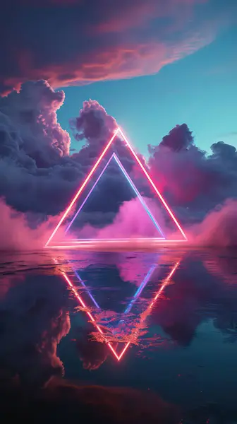Glowing neon triangle in the clouds above the water. Photorealistic art. Bright saturated colors.