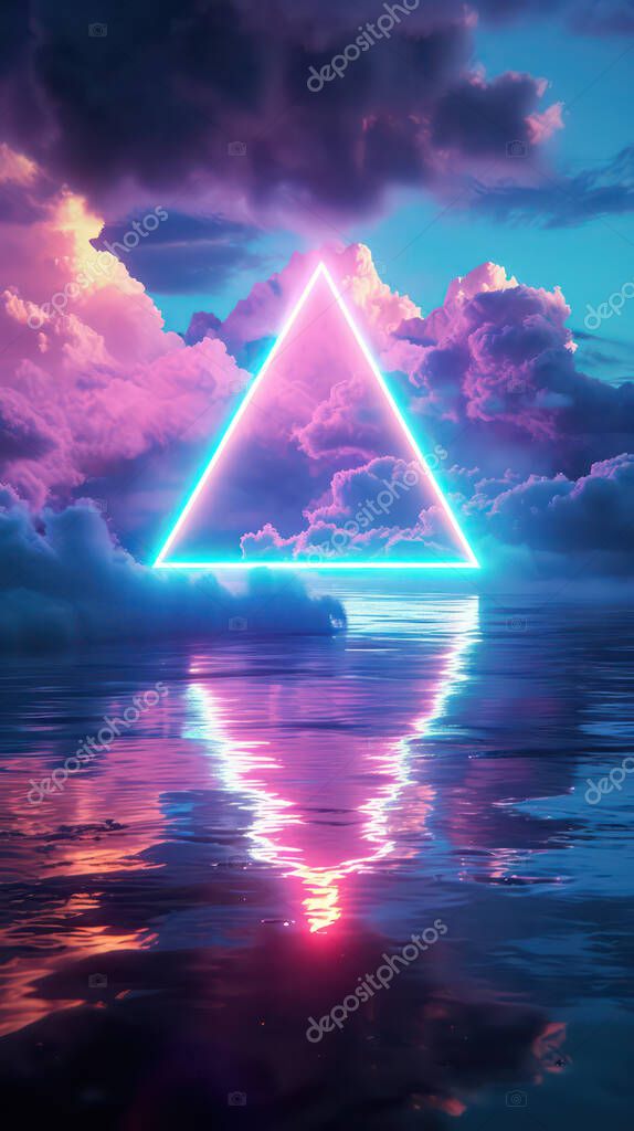 Glowing neon triangle in the clouds above the water. Photorealistic art. Bright saturated colors.