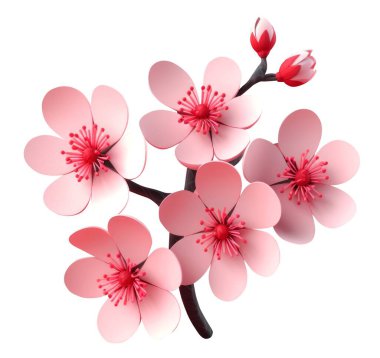 Kiraz çiçeği 3 boyutlu illüstrasyon. Çiçekli Sakura dalı. 3D dekoratif sanat.