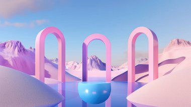 3D soyut sürreal pastel manzara arka planda kemerler ve podyum ürünleri gösteriyor. Panoramik manzara. 3 boyutlu görüntüleme. Kopya alanı olan renkli kumul sahnesi. Mavi ve bulutlu gökyüzü. Minimalist dekor tasarımı