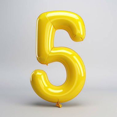Gri arkaplanda 5 numaralı sarı balon izole edilmiş. 3 boyutlu 5 numaralı çizim. Konsept öğrenimi