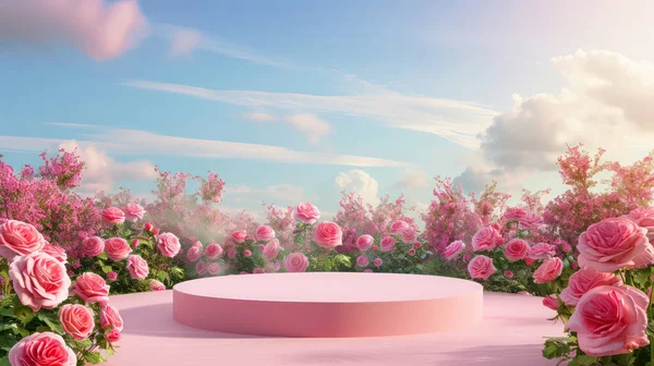 Rosa Rundes Podium Mit Rosenbüschen Ringsum Und Einem Sommerklaren Himmel — Stockfoto