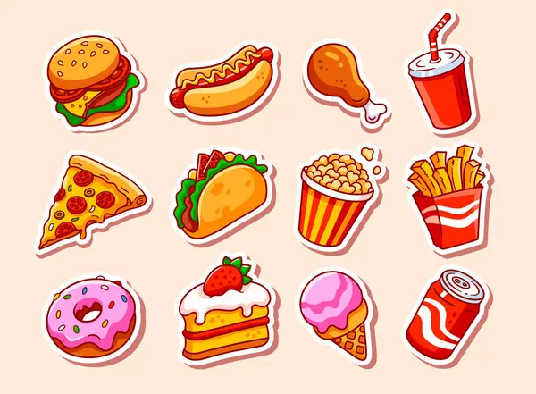 Fast Food Illustrationen Aufkleber Set Vektorsammlung Fast Food Karikaturen Hamburger — Stockvektor