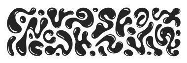 Sıvı soyut organik damlalar. Vektör düz çizim. Siyah dalgalı kabarcıklar ve y2k tarzında düşüşler.