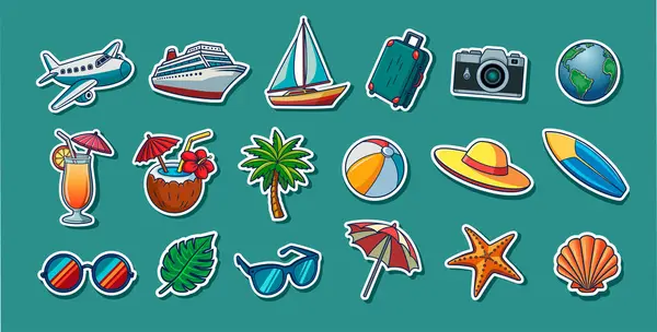 Seyahat illüstrasyonları etiketleri ayarlandı. Turizm ve yaz tatilleri. Vektör karikatür çıkartmaları koleksiyonu. Seyahat ve tur. Grafik ögeleri.
