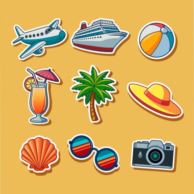 Seyahat illüstrasyonları etiketleri ayarlandı. Turizm ve yaz tatilleri. Vektör karikatür çıkartmaları koleksiyonu. Seyahat ve tur. Grafik ögeleri.