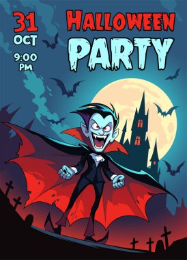 Cadılar Bayramı partisi posteri. Gülen vampir Drakula karakteri karanlık kalesinin yanında duruyor. Çizgi film çizimi. Büyük bir ay ve yarasalarla gece arkaplanı.