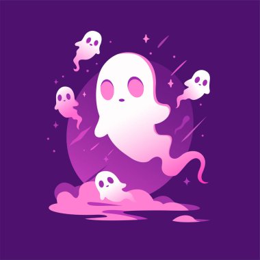 Şirin Hayaletler Cadılar Bayramı çizgi filmi çizimi. Gece karanlığında tuhaf hayaletlerin vektör sanatı.