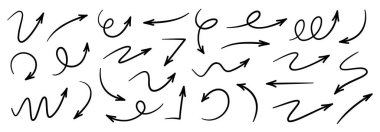 Oklar el çizimi simgeler ayarlandı. Eğri karikatür okları koleksiyon çizer. Düz ve ince çizimler. Karalama girdaplı ok işaretleri.