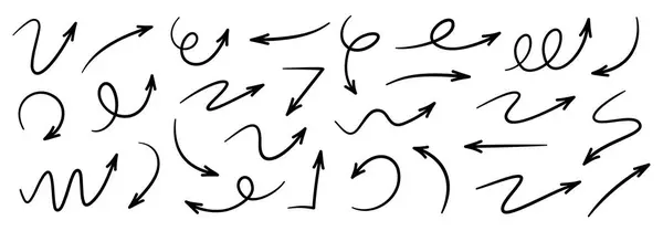 Oklar el çizimi simgeler ayarlandı. Eğri karikatür okları koleksiyon çizer. Düz ve ince çizimler. Karalama girdaplı ok işaretleri.