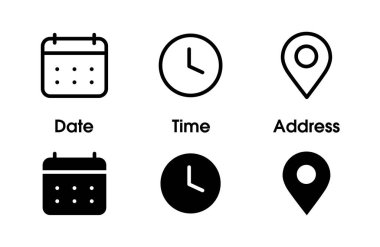 Address time date icons set. Address location icon. Stopwatch timer icon. Date Calendar icon. Black line and flat web icons. clipart