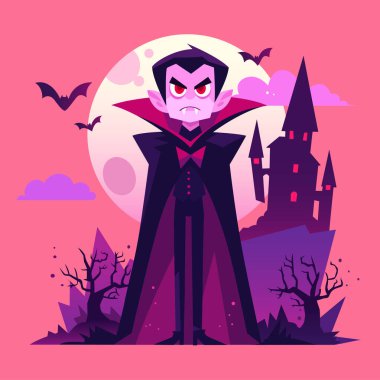 Komik vampir Drakula çizgi film karakteri. Tatlı vampirlerle cadılar bayramı illüstrasyonu ve onun karanlık şatosu. Büyük ay ve uçan yarasalar. Vektör sanatı.