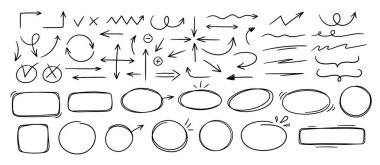 Çizim çizgisi okları ve çerçeve ayarlandı. Doodle elementleri çizim koleksiyonu. İşaretler, oval ve kare çerçeveler, işaretleme elementleri. Serbest ve siyah semboller.
