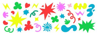 Soyut bulutlar ve çiçekler simgeleri şekillendirir. Modaya uygun komik çiçekler, baloncuklar, yıldızlar, döngüler ve modaya uygun eski çizgi film tarzında dalgalar. Dalgalı elementlerle illüstrasyon