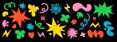 Soyut bulutlar ve çiçekler çıkartma setini şekillendirir. Modaya uygun komik çiçekler, baloncuklar, yıldızlar, döngüler ve modaya uygun eski çizgi film tarzında dalgalar. Dalgalı elementlerle vektör illüstrasyonu.