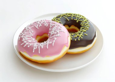 Çörekler tabakta. Beyaz arka planda kremalı ve serpiştirilmiş iki lezzetli çörek.