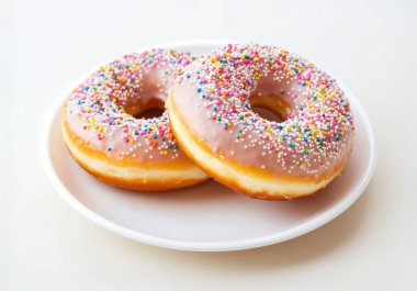 Çörekler tabakta. Beyaz arka planda kremalı ve serpiştirilmiş iki lezzetli çörek.