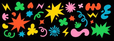 Soyut bulutlar ve çiçekler çıkartma setini şekillendirir. Modaya uygun komik çiçekler, baloncuklar, yıldızlar, döngüler ve modaya uygun eski çizgi film tarzında dalgalar. Dalgalı elementlerle vektör illüstrasyonu.