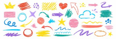 Boya kalemi tebeşir karalama elementleri çizdi. Vektör çizimleri ayarlandı. Pastel dokulu karalamalar. Kare, sarmal, ok ögeleri ve simgeler.