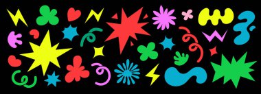 Soyut bulutlar ve çiçekler çıkartma setini şekillendirir. Modaya uygun komik çiçekler, baloncuklar, yıldızlar, döngüler ve modaya uygun eski çizgi film tarzında dalgalar. Dalgalı elementlerle vektör illüstrasyonu.