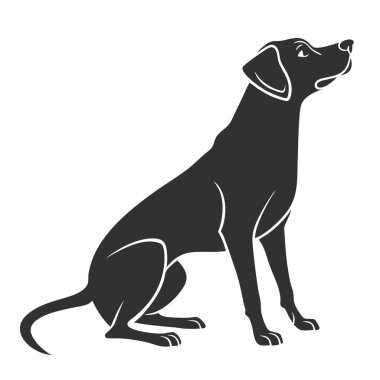 Beyaz arka planda izole edilmiş köpek silueti çizimi. Oturan köpek düz siyah çizim