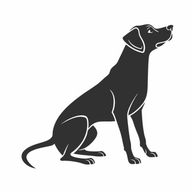 Beyaz arka planda izole edilmiş köpek silueti çizimi. Oturan köpek düz siyah çizim