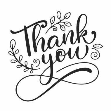 Beyaz arka planda el yazısıyla yazılmış mektuplar için teşekkürler. Çiçek desenli el yazısı yazı stili