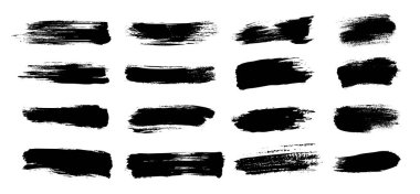 Mürekkep fırçası darbeleri hazır. Siyah grunge lekesi koleksiyonu. Sanatsal pis siyah boya darbeleri