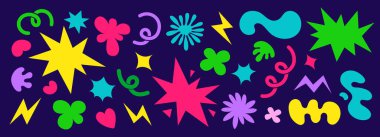 Soyut renkli şekiller çizimler seti. Retro çizgi film tarzı. Havalı, acayip bulutlar, çiçekler ve kabarcıklar. Yıldızlar, döngüler ve dalgalar. Vektör ögeleri koleksiyonu