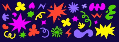 Soyut renkli şekiller çizimler seti. Retro çizgi film tarzı. Havalı, acayip bulutlar, çiçekler ve kabarcıklar. Yıldızlar, döngüler ve dalgalar. Vektör ögeleri koleksiyonu