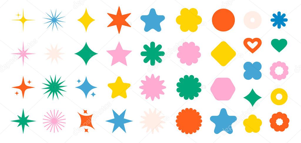 Sparkles stars shapes icons collection. Decorative twinkles and bursts forms. Abstract shining and sparkling flash forms. Decorative glowing light effects. Geometric graphic elements