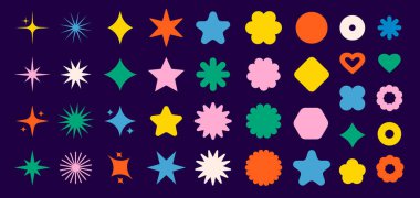 Işıldayan yıldızlar ikon vektör koleksiyonunu şekillendirir. Dekoratif ışıltılar ve patlamalar. Soyut ışıltılı ve ışıltılı ışık formları. Dekoratif parlak ışık efektleri. Geometrik grafik ögeleri.