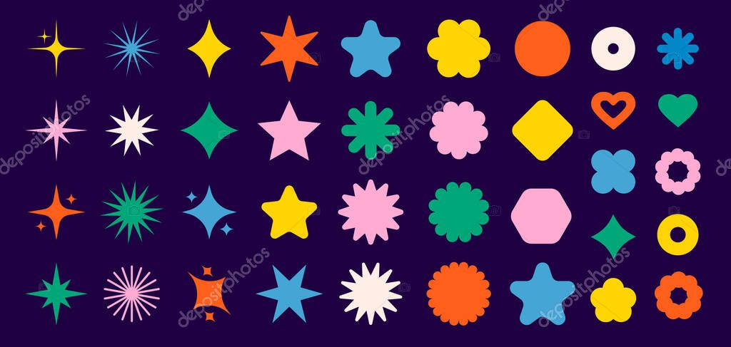 Sparkles stars shapes icons vector collection. Decorative twinkles and bursts forms. Abstract shining and sparkling flash forms. Decorative glowing light effects. Geometric graphic elements.