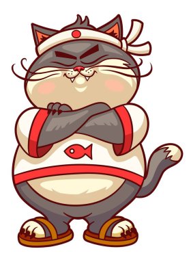 Kedi Japon suşisi çizgi film karakteri çizimi. Çizgi roman tarzı. Şişko gülümseyen kedi Japon şef kollarını kavuşturmuş duruyor.